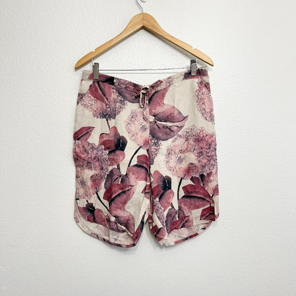 Flax 100% Linen Bermuda Shorts Size Small Women's Floral Print Tan Pink